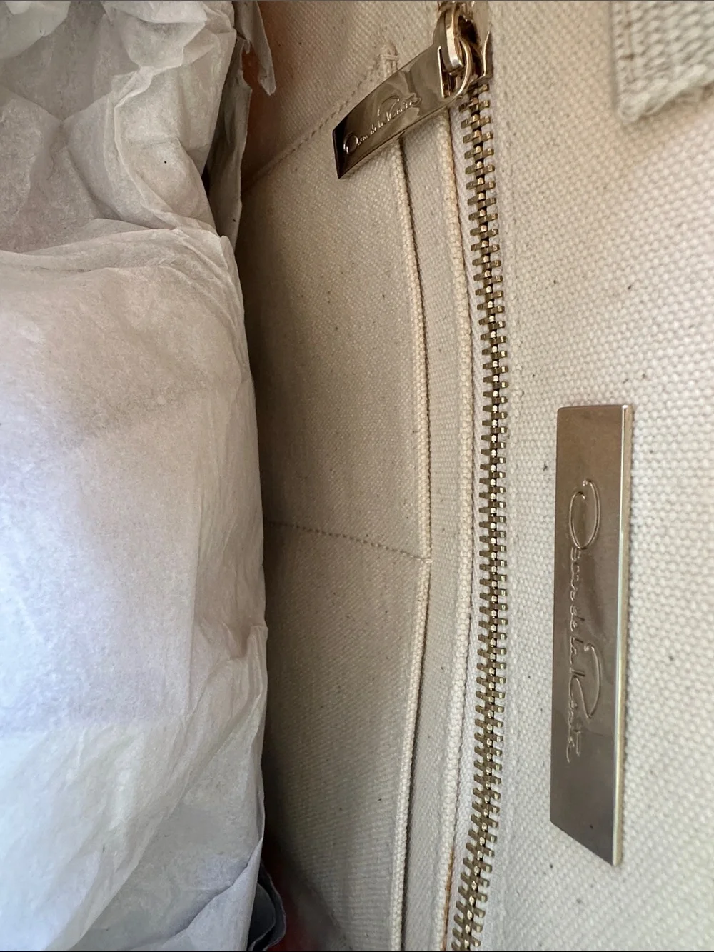 Oscar de la Renta Beige Canvas Tote with White Floral Print